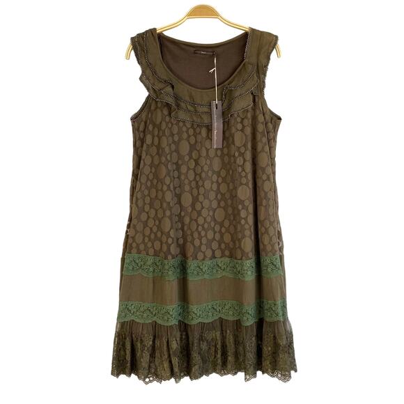 Hazel Lace Boho Tiered Dress Size M Brown Ruffle Fairy Grunge Geo Dots Grandma - Picture 1 of 8